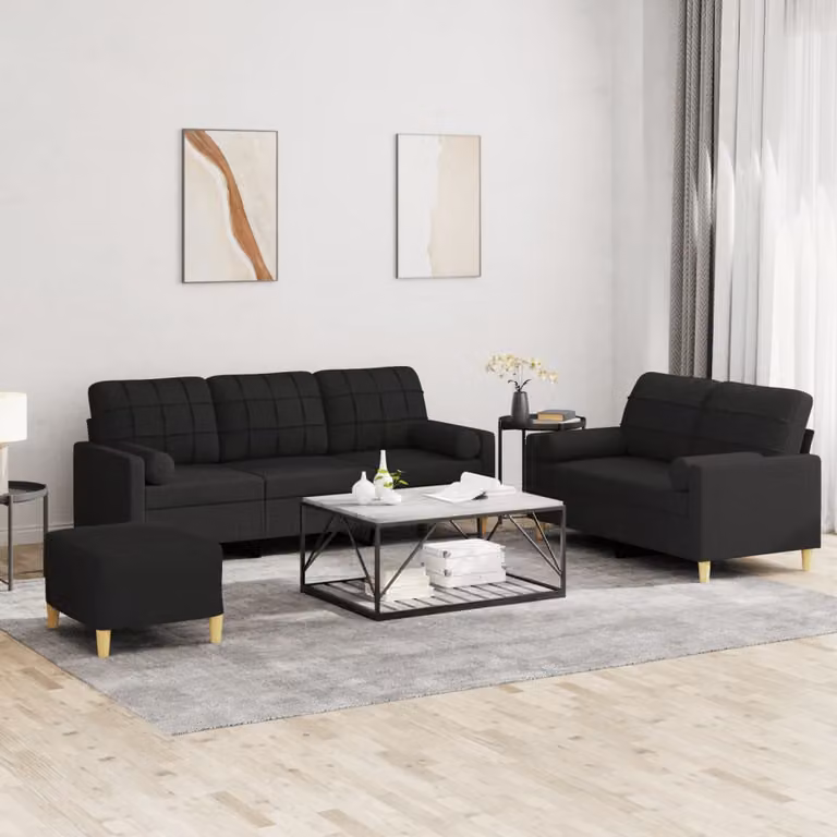 Set di Divani vidaXL 3 Pezzi con Ottoman e Cuscini, Tessuto Nero, Design Moderno per Soggiorno