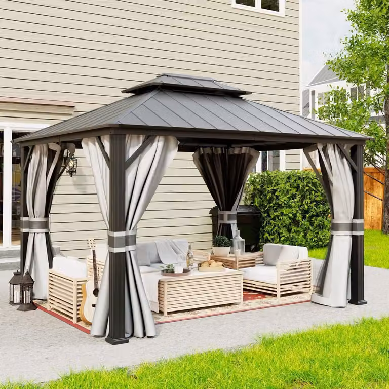 Gazebo da giardino, dimensioni 3 x 3,65 metri, impermeabile, stabile, con copertura rigida a doppio strato, in alluminio grigio, completo di zanzariera e tende