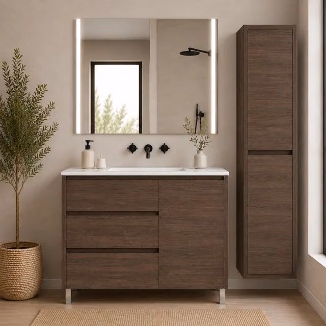 Mobile bagno con 3 cassetti, anta e lavabo ORIGENBATH VOLUM senza specchio 90x40 cm frassino tea con colonna