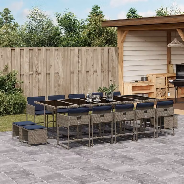Set da pranzo da giardino vidaXL in polyrattan con cuscini da 15 pezzi, tavolo rettangolare con piano in vetro e sedie moderne, colore grigio