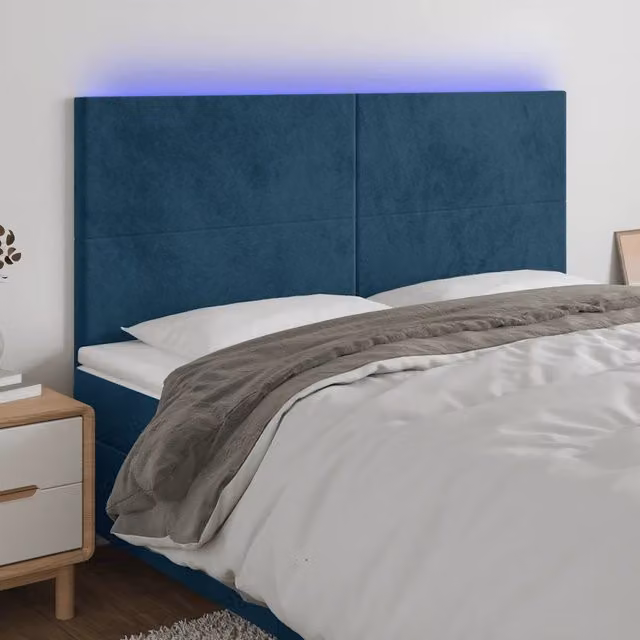 Testiera con LED Design Mania in Velluto Blu con Porta USB, L: 180 cm, P: 5 cm, H: 118-128 cm