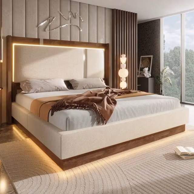Letto contenitore 140 x 200 cm con LED e contenitore idraulico letto matrimoniale con testiera imbottita e rete a doghe in lino e legno beige e noce