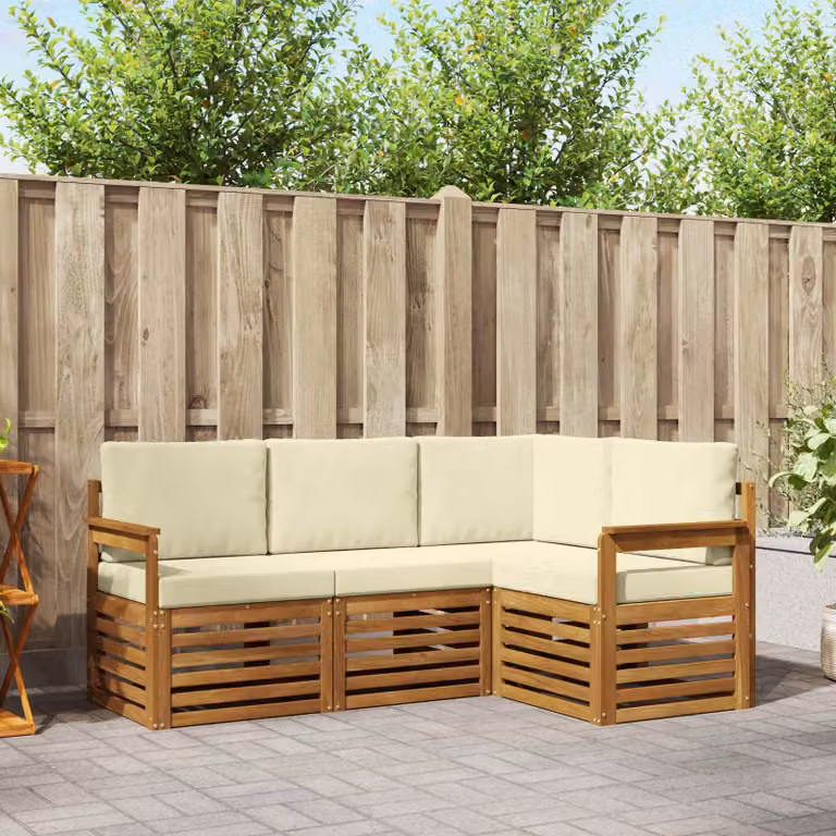 Set di divani da esterno vidaXL a forma di L in legno di acacia con cuscini, beige e bianco