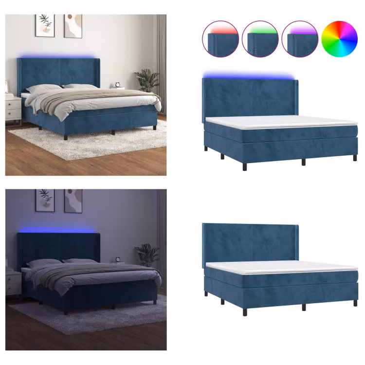 vidaXL Letto a molle con materasso e LED blu scuro 160x200 cm in velluto - Letto a molle - Letti a molle - Letto - Letti