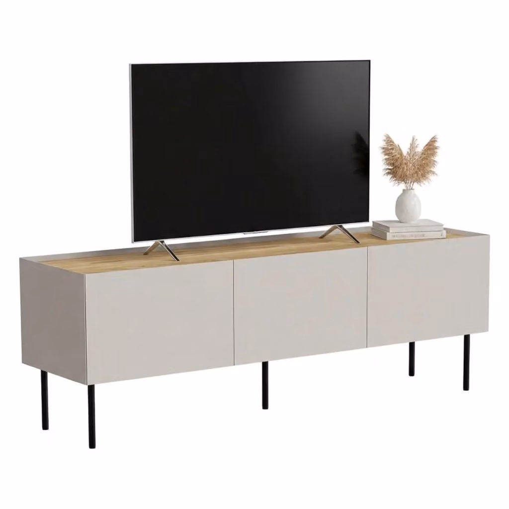 Mobile porta TV Calanna DMORA, Madia da salotto moderna con tre ante battenti e tre vani interni, L: 150 cm, P: 40 cm, H: 52 cm, Beige e Rovere – 2