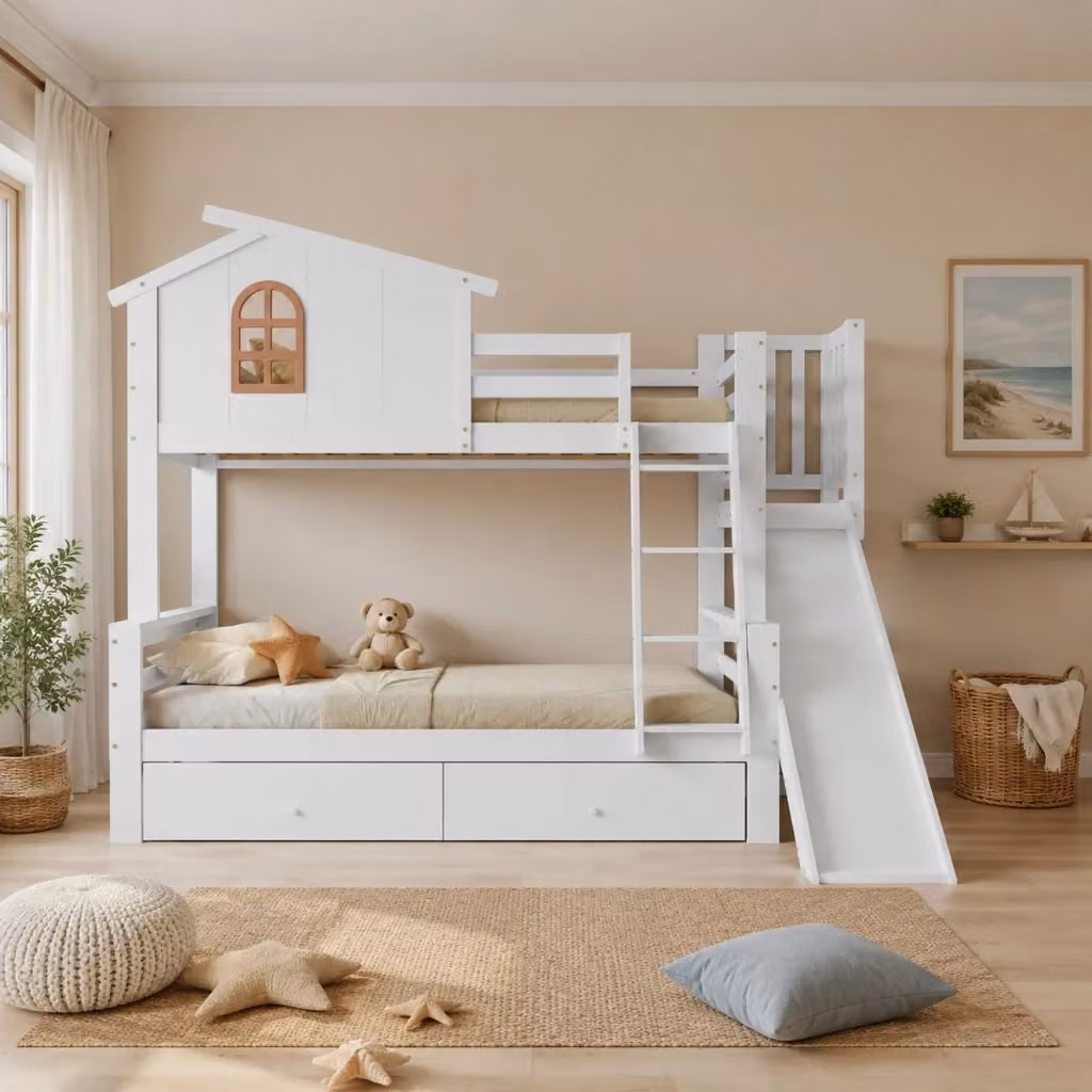 Letto a castello per bambini REDOM con struttura a casetta, scivolo e cassetti, Bianco – 2