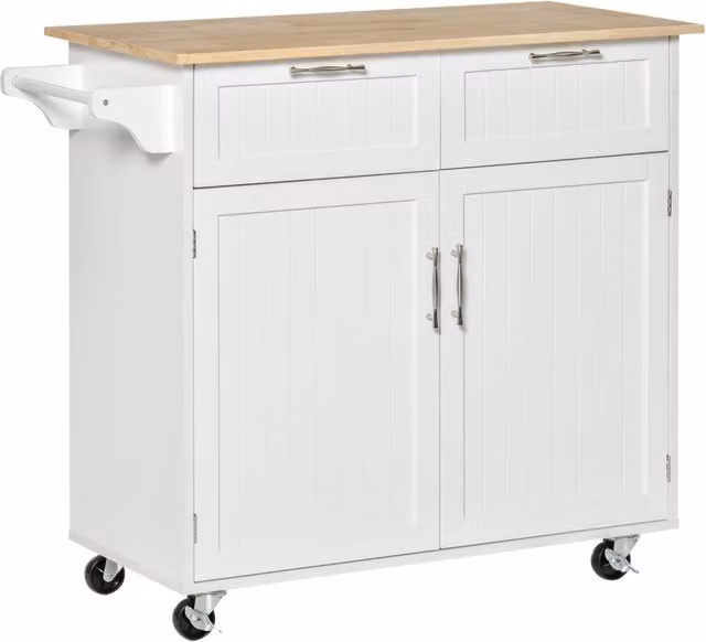 Carrello da Cucina Multiuso in Legno con 2 Cassetti, Bianco, L/P/H: 104 x 46 x 91 cm