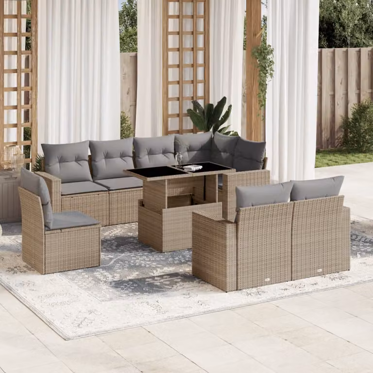 Set Divano da Giardino vidaXL 9 pz a Forma a L in Polyrattan con Cuscini Beige e Tavolino