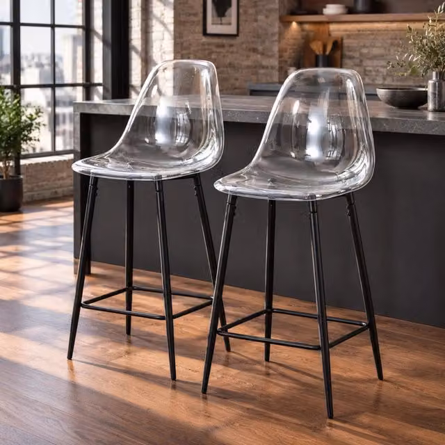 Sgabello da bar Mivray con seduta trasparente e struttura in metallo nero per cucina e soggiorno, L/P/H: 37 x 37 x 66,5 cm