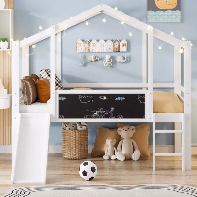 Letto a soppalco per bambini 90 x 200 cm in legno massello con scivolo; scala e lavagna; bianco