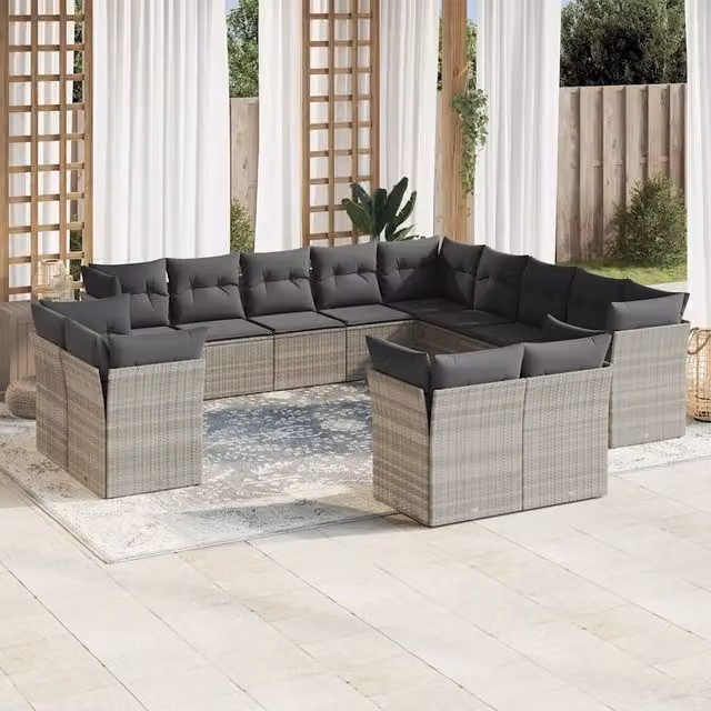vidaXL Set Divani da Giardino a Forma di U in Polyrattan con Cuscini Grigio Chiaro, 13 Pezzi