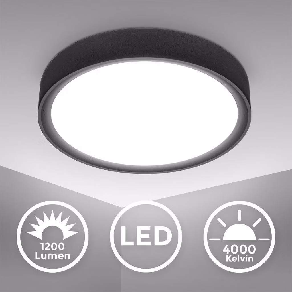 B.K.Licht Plafoniera LED 12W, luce bianca 4.000K, diametro 25 cm, 1.200 Lm, Lampada da soffitto piccola in plastica nera opaca per ingresso o corridoio, IP20