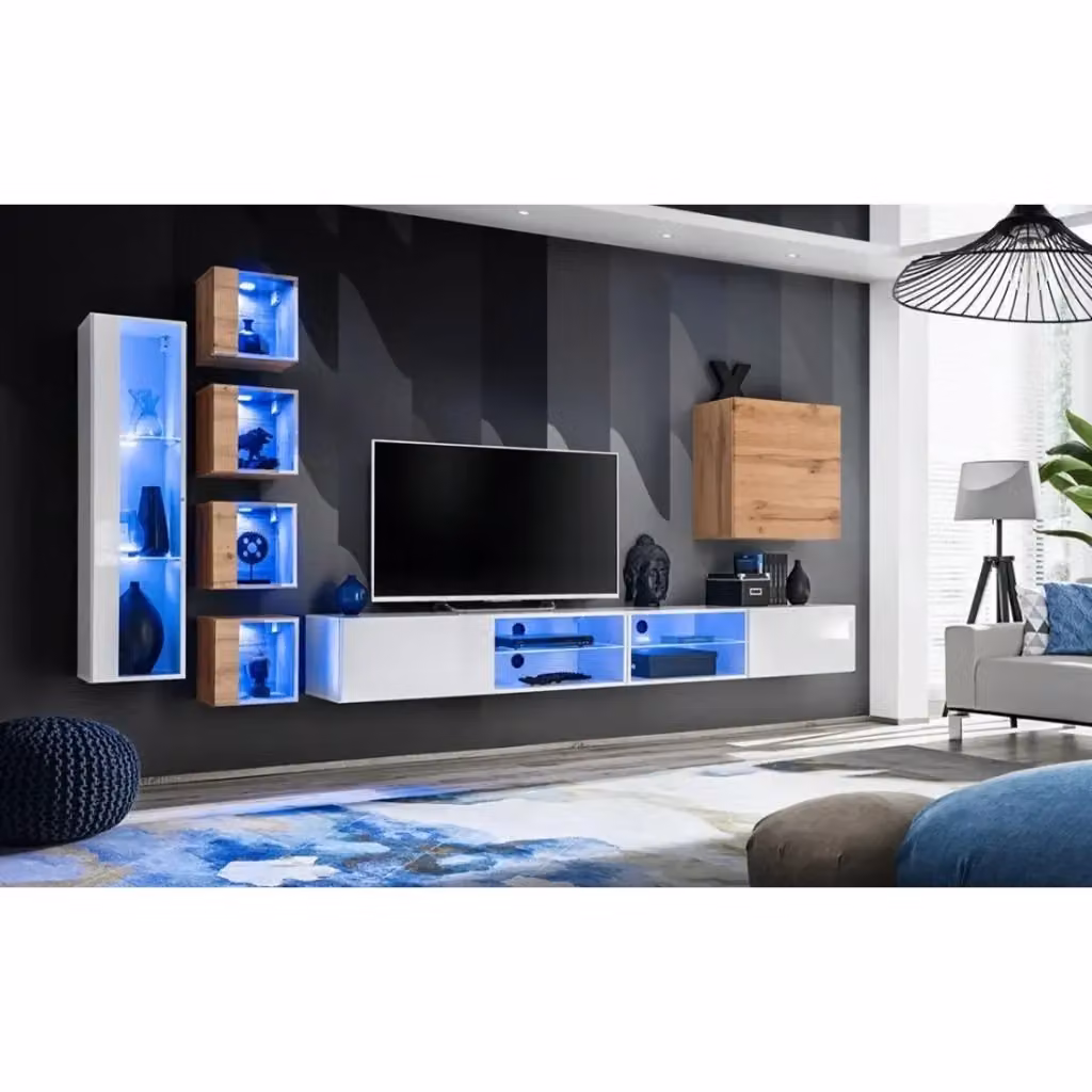 Set di mobili da salotto Meublorama design moderno con lowboard, colonna alta e vetrina, colore bianco e rovere con ante in vetro e illuminazione integrata – 2