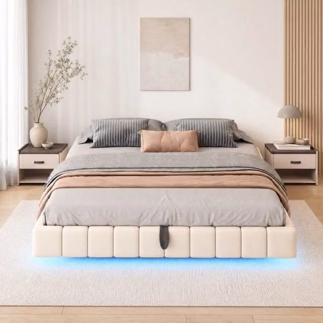 Letto imbottito sospeso 180x200 cm con contenitore e LED; beige