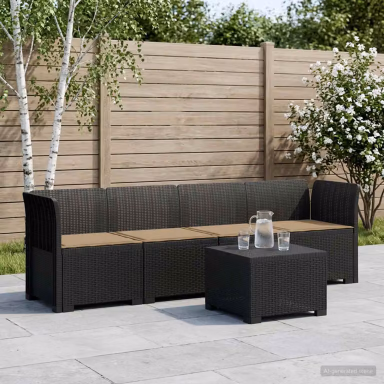 Set da giardino vidaXL composto da divano a 4 posti e tavolino da esterno in stile rattan moderno con cuscini beige e antracite resistenti ai raggi UV