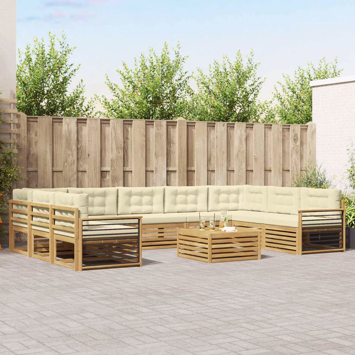 vidaXL Set di divani da esterno moderno in legno di acacia, 10 pezzi, Bianco, Beige e Marrone
