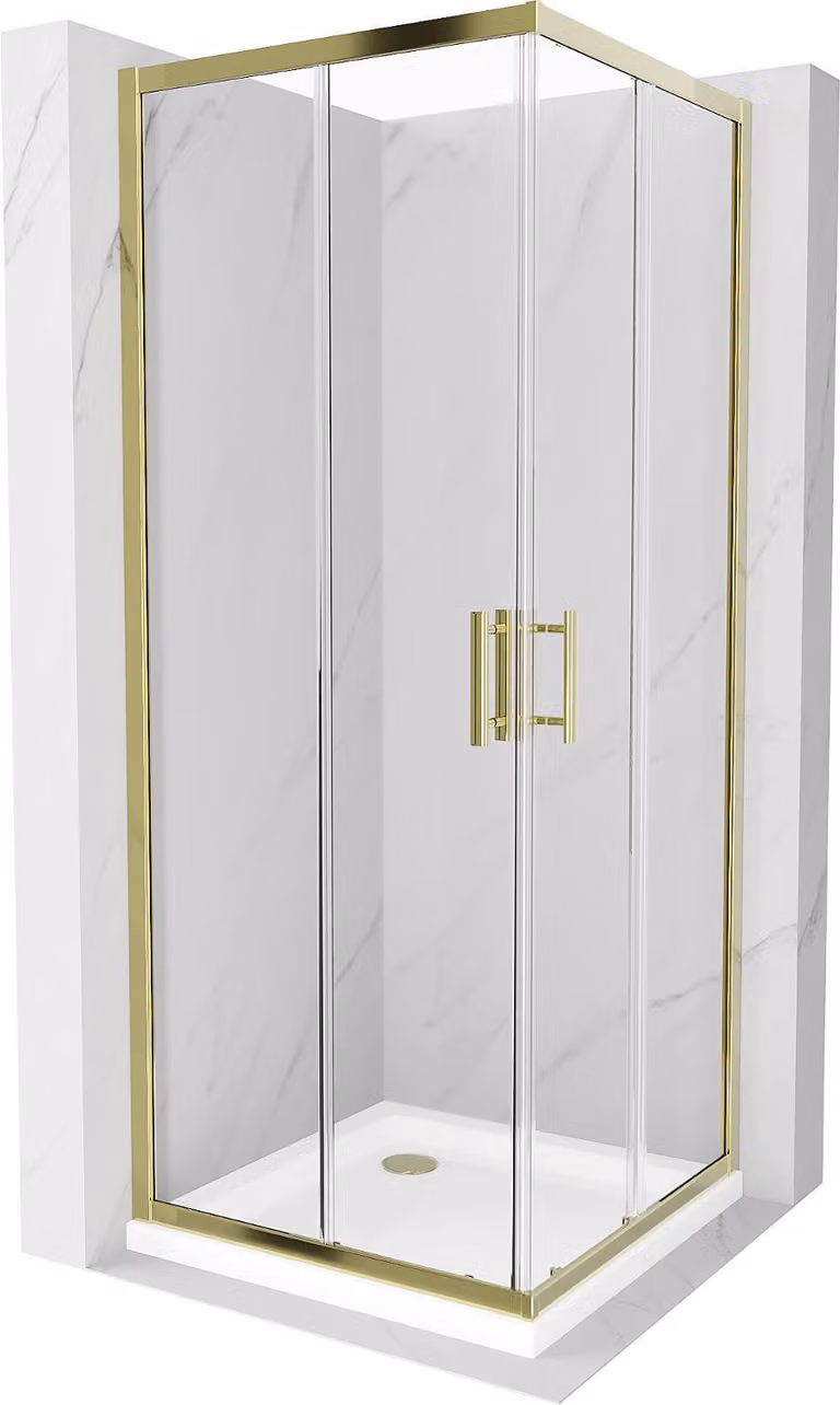 Mexen Rio cabina doccia quadrata 90 x 90 cm, trasparente, oro + piatto Flat, bianco - 860-090-090-50-00-4010G
