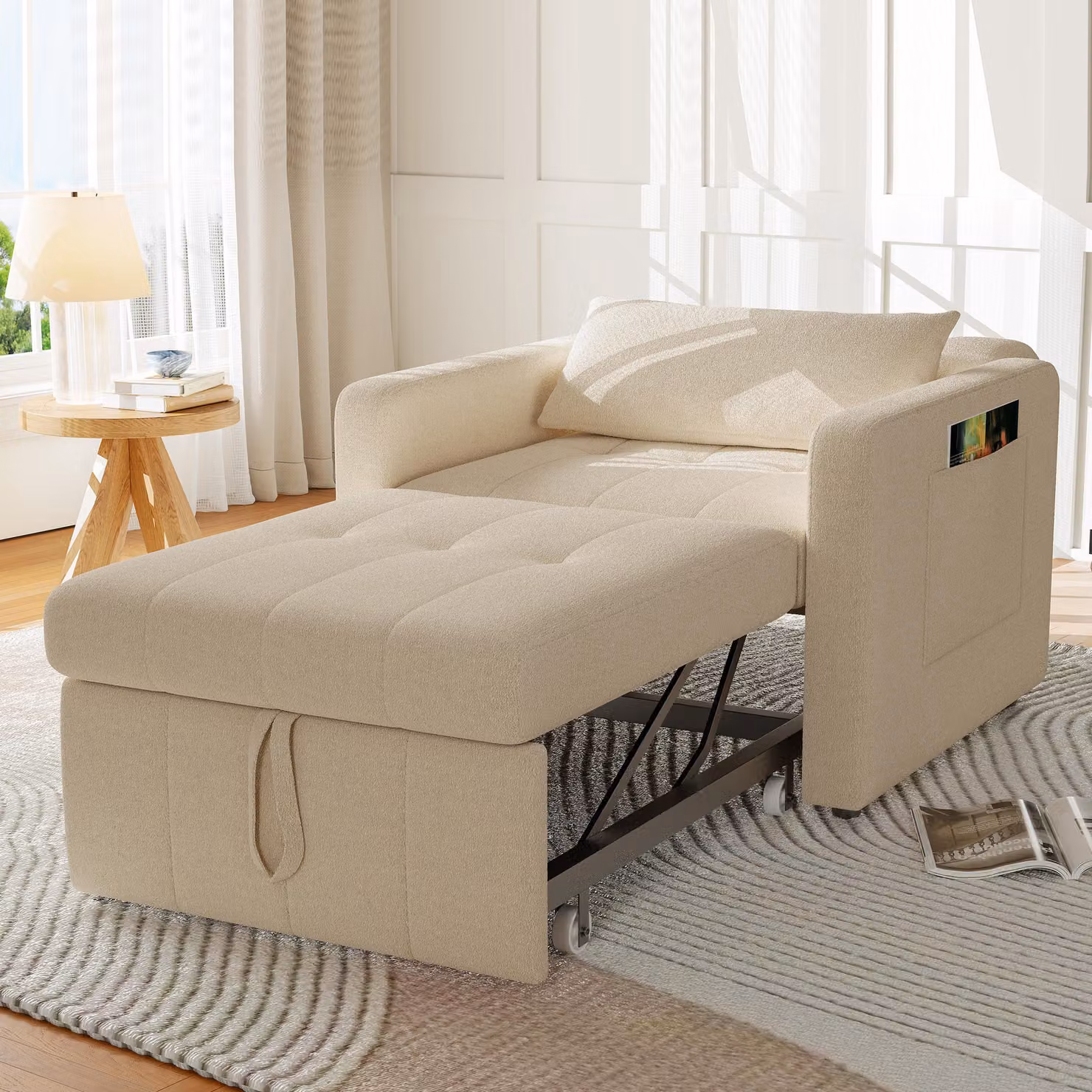 UnboxG divano letto per 1 persona, beige, tessuto in ciniglia, schienale regolabile in 5 direzioni, divano con tavolino e borsa portaoggetti