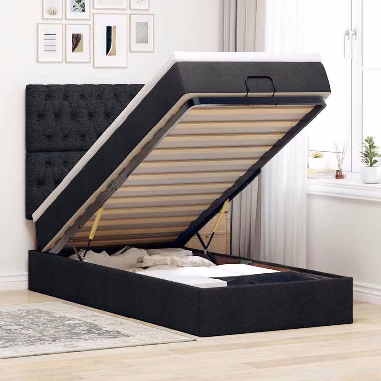 vidaXL Letto con Materasso e Base Contenitore Lift-Up in Tessuto Nero, L: 90 cm, P: 200 cm, H: 128 cm