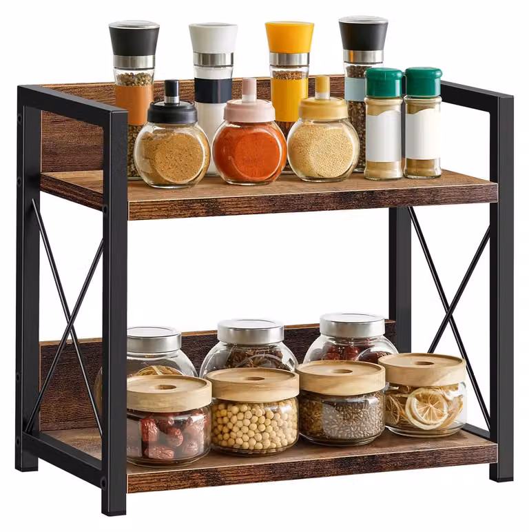 Scaffale per spezie - Scaffale da cucina a 2 piani - Organizer per piani di lavoro - In legno - Per spezie, oli, accessori per il caffè - Scaffale multiuso per la conservazione