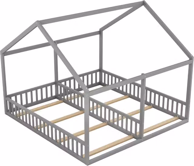 Letto singolo 90x200 cm modello casa 2-in-1 grigio in legno di pino e MDF
