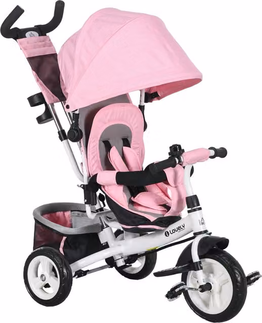 Triciclo per bambini HOMCOM con maniglione e tettuccio regolabile, Bianco e Rosa, H 102 x L 49 x P 102 cm – 1