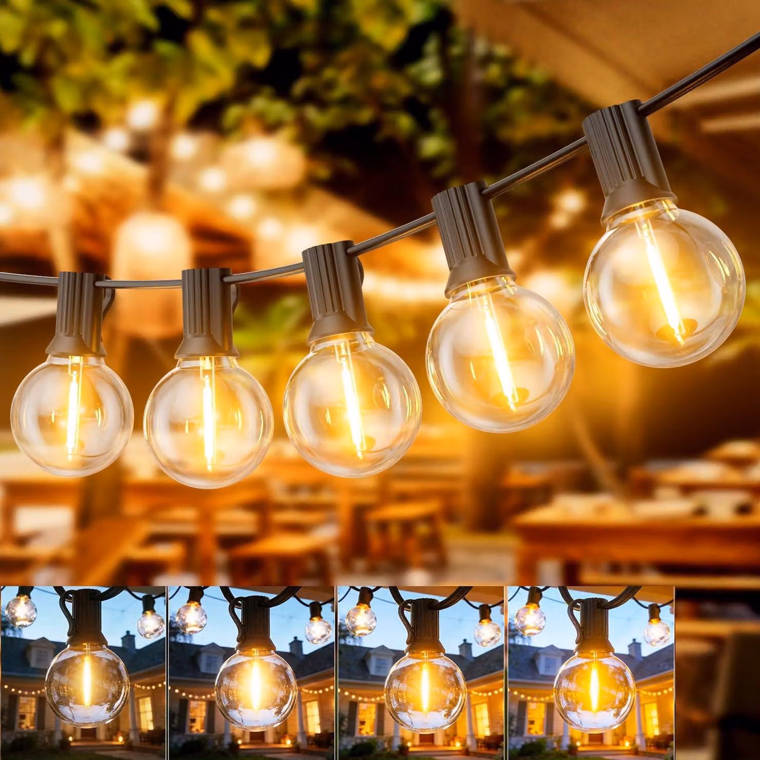 Catena luminosa da 60 metri, tipo G40, luce bianco caldo, 24 V, grado di protezione IP44, dimmerabile, con timer