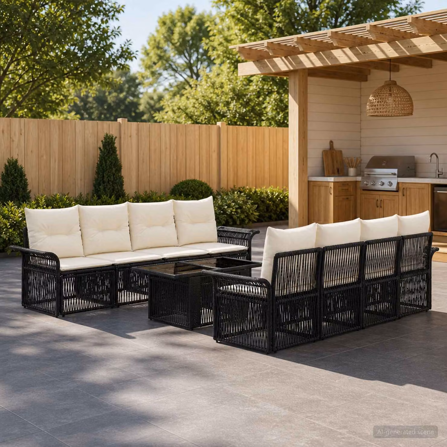 Set Divano da Giardino vidaXL 9 pz in Polyrattan Nero e Bianco Crema con Cuscini e Tavolino