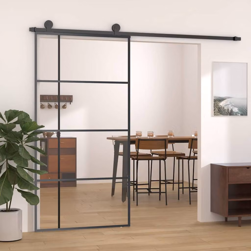 Porta Scorrevole Moderna vidaXL in Vetro ESG e Alluminio, Colore Nero, L: 102,5 cm, H: 205 cm