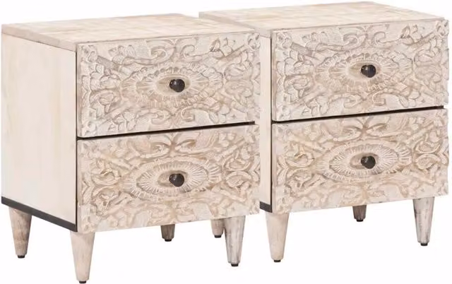 Set di 2 Armadi da Notte vidaXL in Legno di Mango Bianco con Design Astratto Boho L: 40 cm, P: 33,5 cm, H: 46 cm