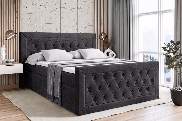 Letto boxspring ALTDECOR con materasso e rete a doghe, topper, pediera, letto imbottito con contenitore, letto con spazio contenitivo per materassi H3 e H4, letto boxspring - NOEL-Z KING - 120x200 - Velluto nero