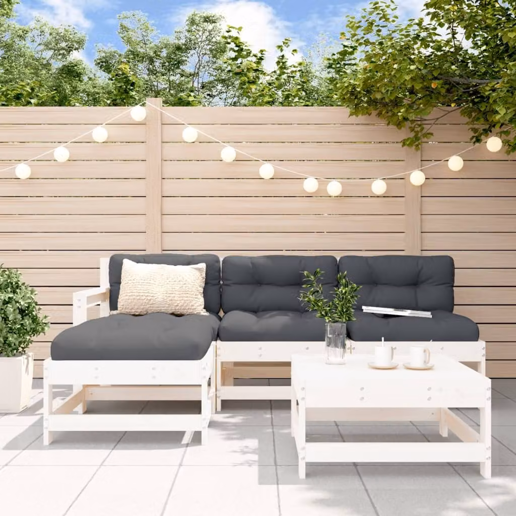 The Living Store Set da giardino 5 pezzi con cuscini in legno massiccio bianco