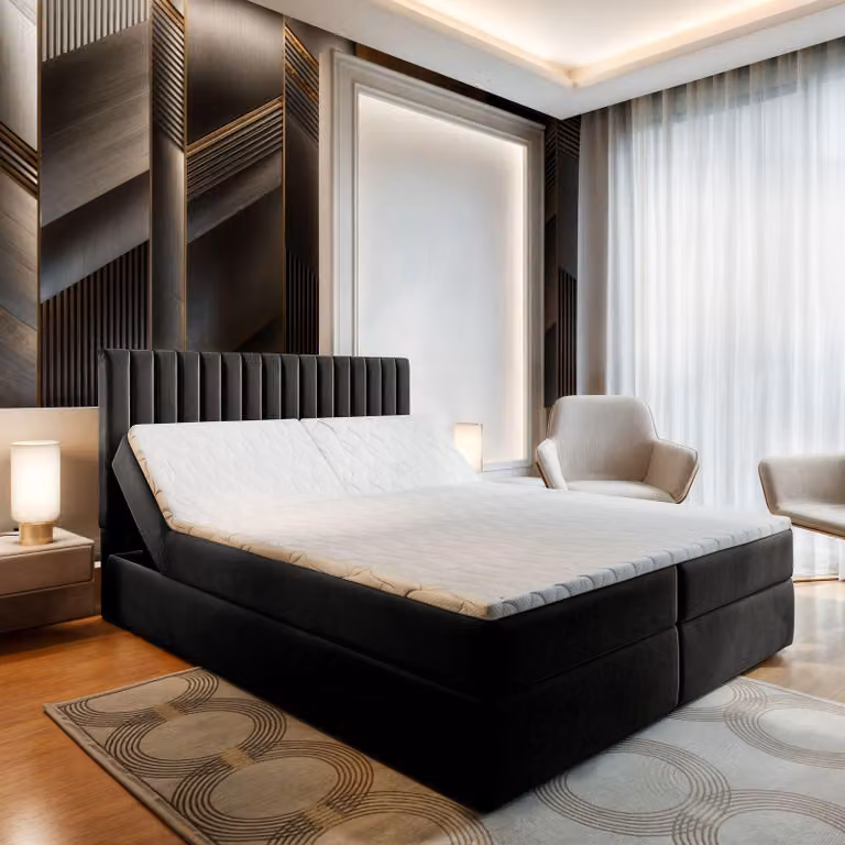 Letto a molle Masseno MURLO 180x200 cm completo di materasso e topper Bonell, letto imbottito con cassettiera - nero, KRONOS 07