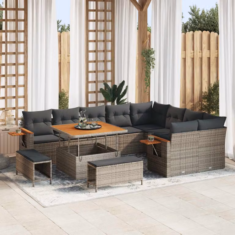 Set Divano da Giardino vidaXL 12 Pezzi a Forma di U in Polyrattan Grigio con Tavolino e Cuscini