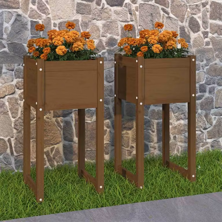 Set di 2 fioriere rialzate vidaXL in legno di pino massello, colore marrone ambra, L 40 cm x P 40 cm x H 81 cm