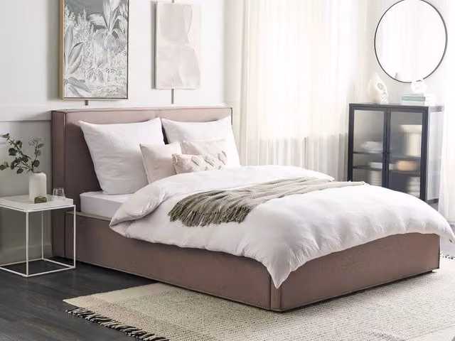 Letto King Size Beliani con Contenitore e Telaio a Doghe, Rivestimento in Tessuto Grigio Tortora, L/P/H: 160 x 200 x 107 cm – 1