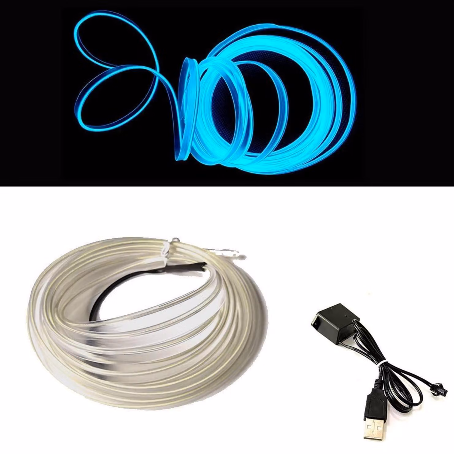 EL-Wire, colore blu ghiaccio, 5 metri, tubo neon flessibile a corrente continua (DC) 5V, per la decorazione degli interni dell'auto