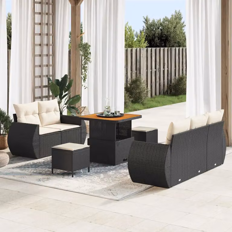 Set Divano da Giardino vidaXL 8 Pezzi con Tavolino e Pouf Nero e Beige
