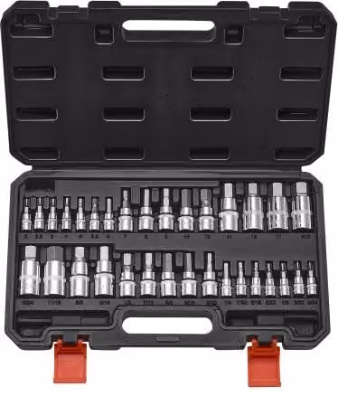 Set di 32 bussole esagonali VEVOR in acciaio S2 e Cr-V, standard SAE e metrico, con custodia, colori nero e argento