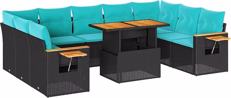 Set Divani Giardino 10pz con Cuscini Nero in Polyrattan Acacia