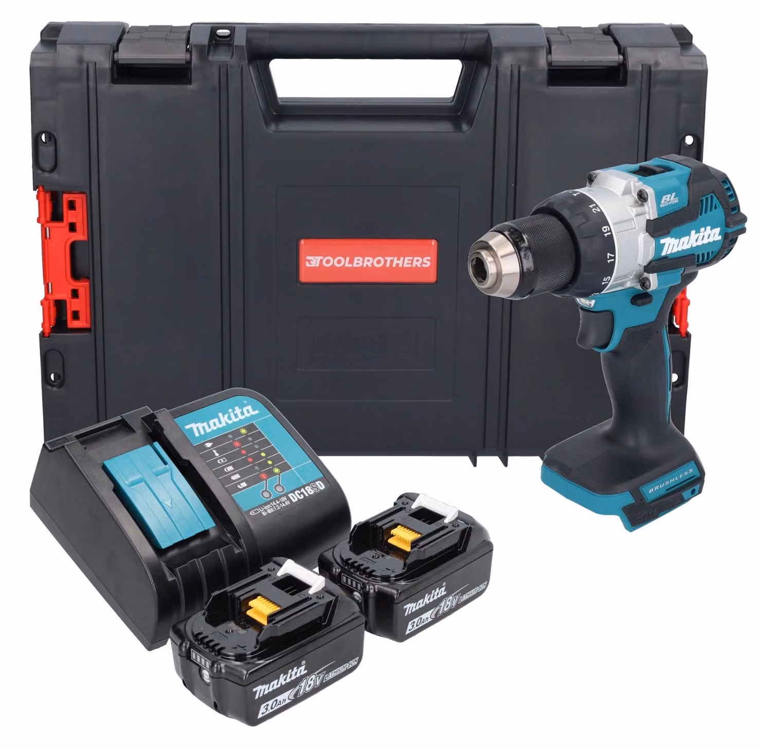 Makita DHP 489 SFJ-R trapano a percussione a batteria 18 V 73 Nm brushless + 2x batteria ricaricabile 3,0 Ah + caricabatterie + RHINO