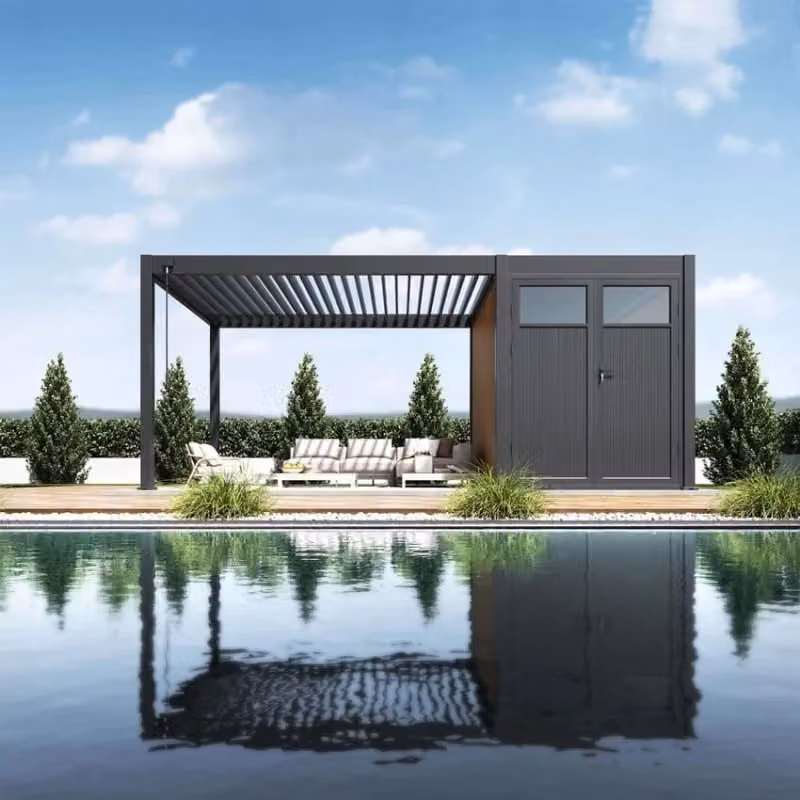 Casetta da giardino autoportante Ombréa con pergola bioclimatica in alluminio e WPC, colore antracite, L: 302,3 cm, P: 255,8 cm, H: 204,2 cm – 2