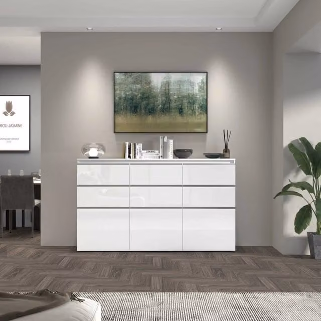 WHOUS Credenza a cassettiera Magic 3 ante e 6 cassetti bianco lucido 180x40x105 cm