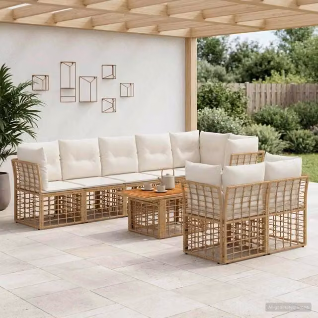 Set Divano da Giardino 9 pz Naturale e Bianco Crema polyrattan 3437886