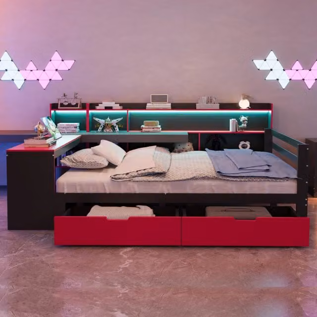 Divano Letto in Legno 140x200 cm Multifunzione con Scrivania; Cassetti; LED e Prese; Nero e Rosso