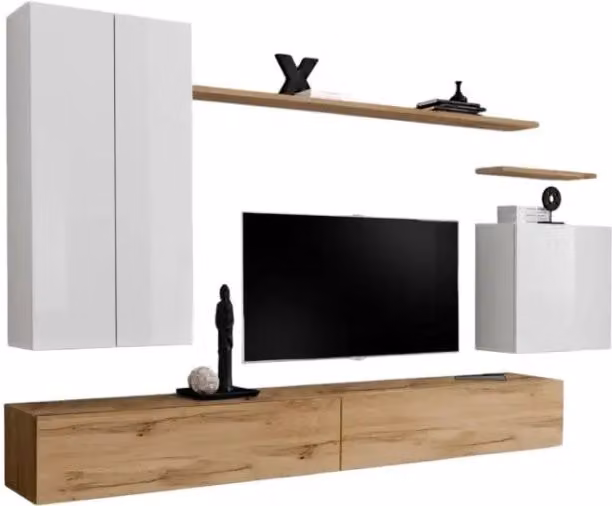 Composizione murale SWITCH II mobile TV sospeso bianco e quercia Wotan 270 cm