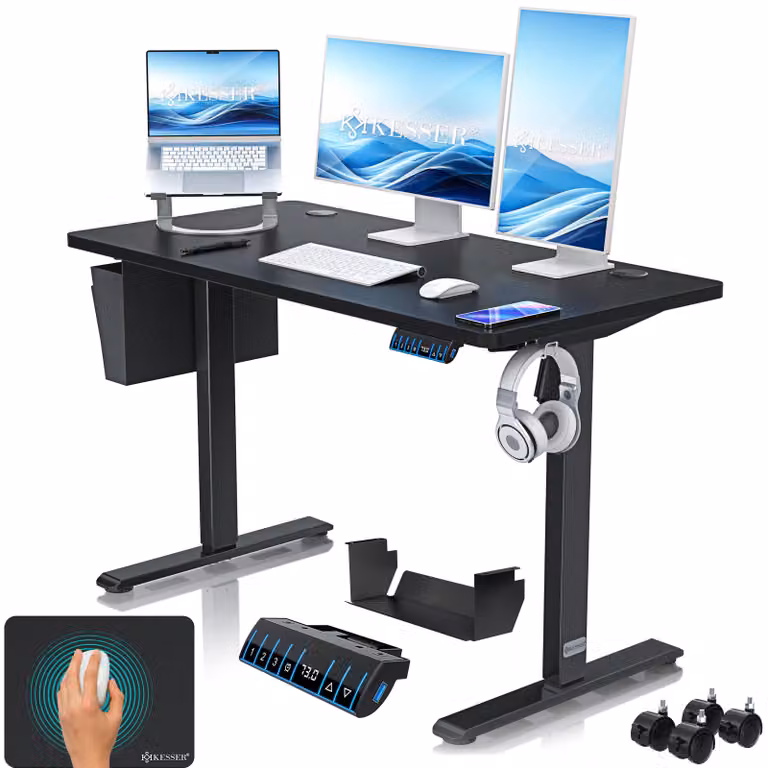 Scrivania regolabile in altezza KESSER®, elettrica, con memoria a 3 posizioni, inclusi rotelle e porta USB