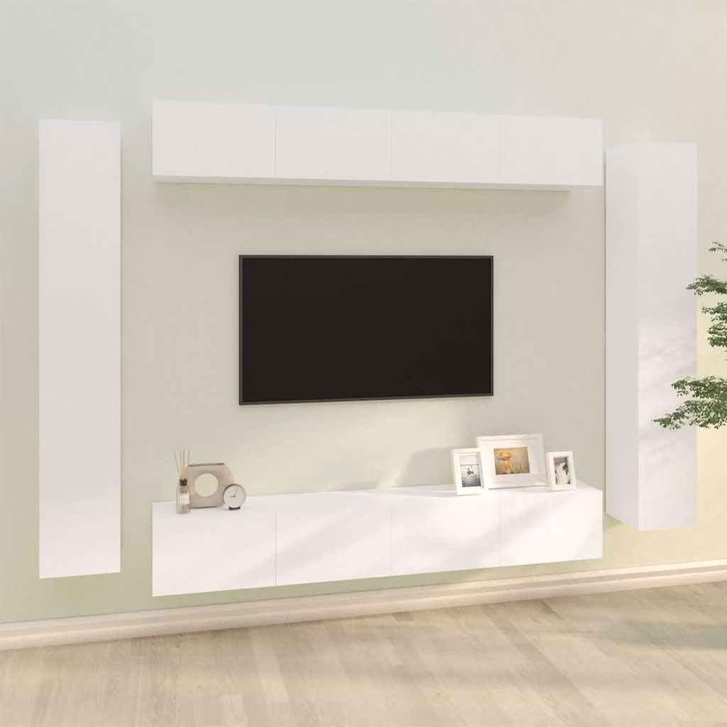 Set di mobili porta TV da 8 pezzi vidaXL in legno MDF bianco opaco per soggiorno con montaggio a parete – 1