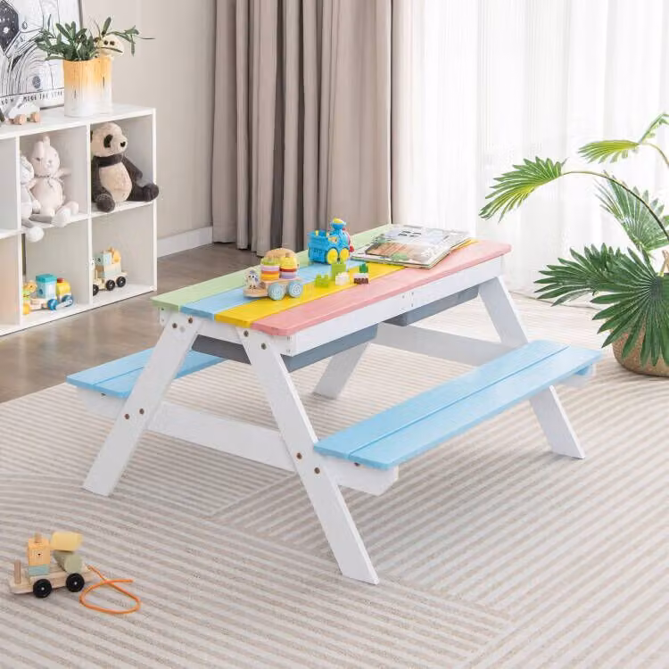 Costway Tavolo da picnic per bambini con panche in legno trattato e ombrellone regolabile, Multicolore