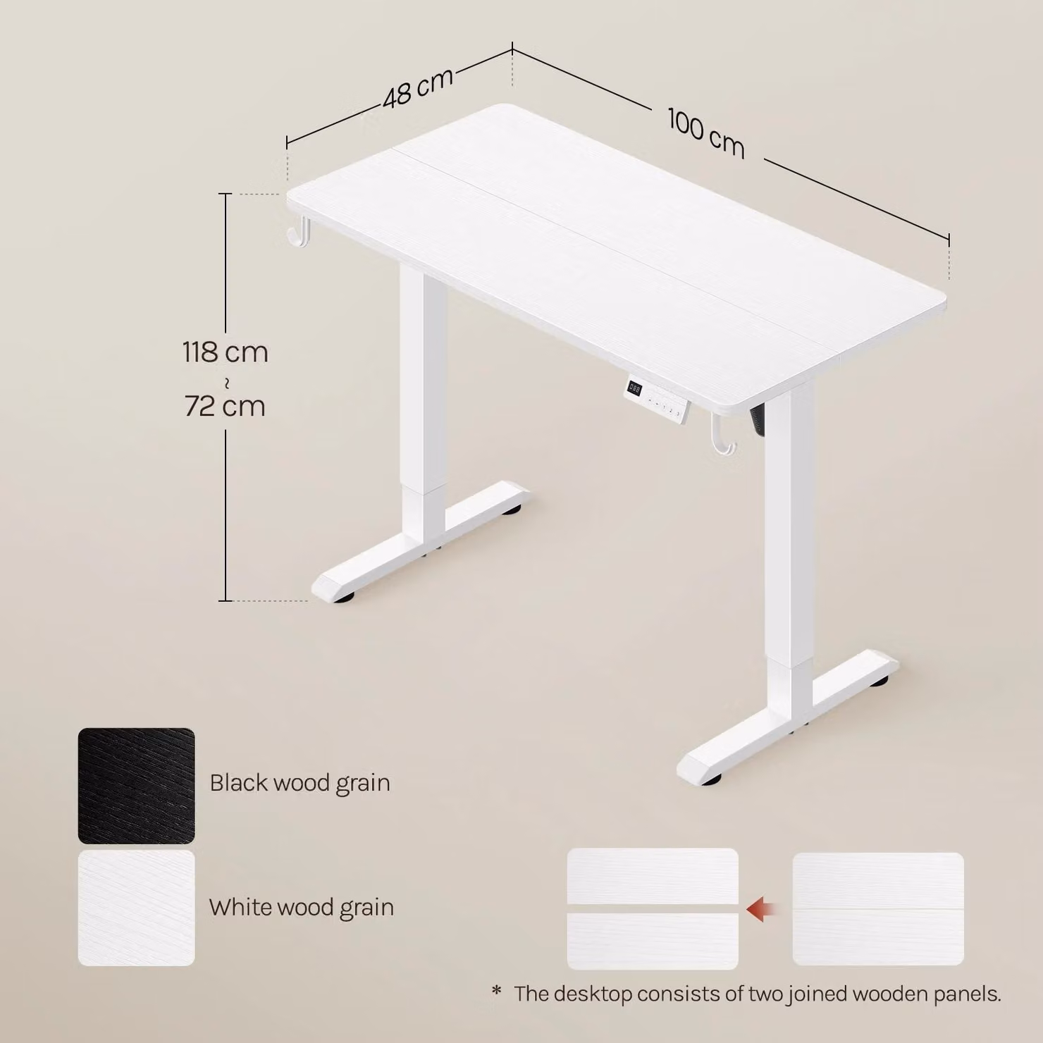 Scrivania regolabile in altezza elettricamente - Scrivania da gaming - 100 x 48 cm - Altezza 72–118 cm - 3 posizioni di altezza memorizzabili - Porta USB integrata - Bianco